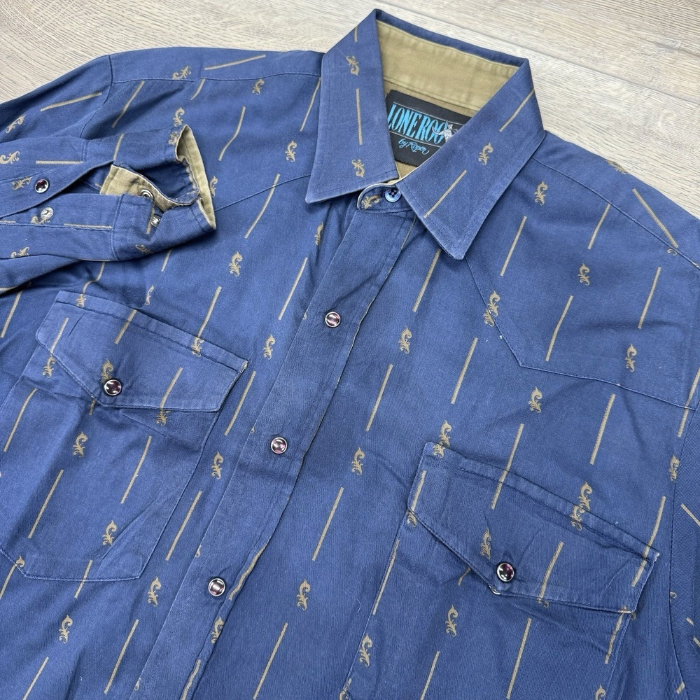 Lone‎ Roo By Roper Men's Blue AOP Pearl Snap Shirt Sz M Cowboy Country